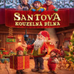 Český plakát animovaného filmu Santova kouzelná dílna s Mari, babičkou a Santou v dílně