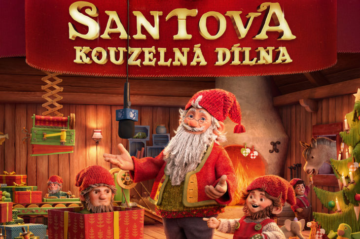 Český plakát animovaného filmu Santova kouzelná dílna s Mari, babičkou a Santou v dílně