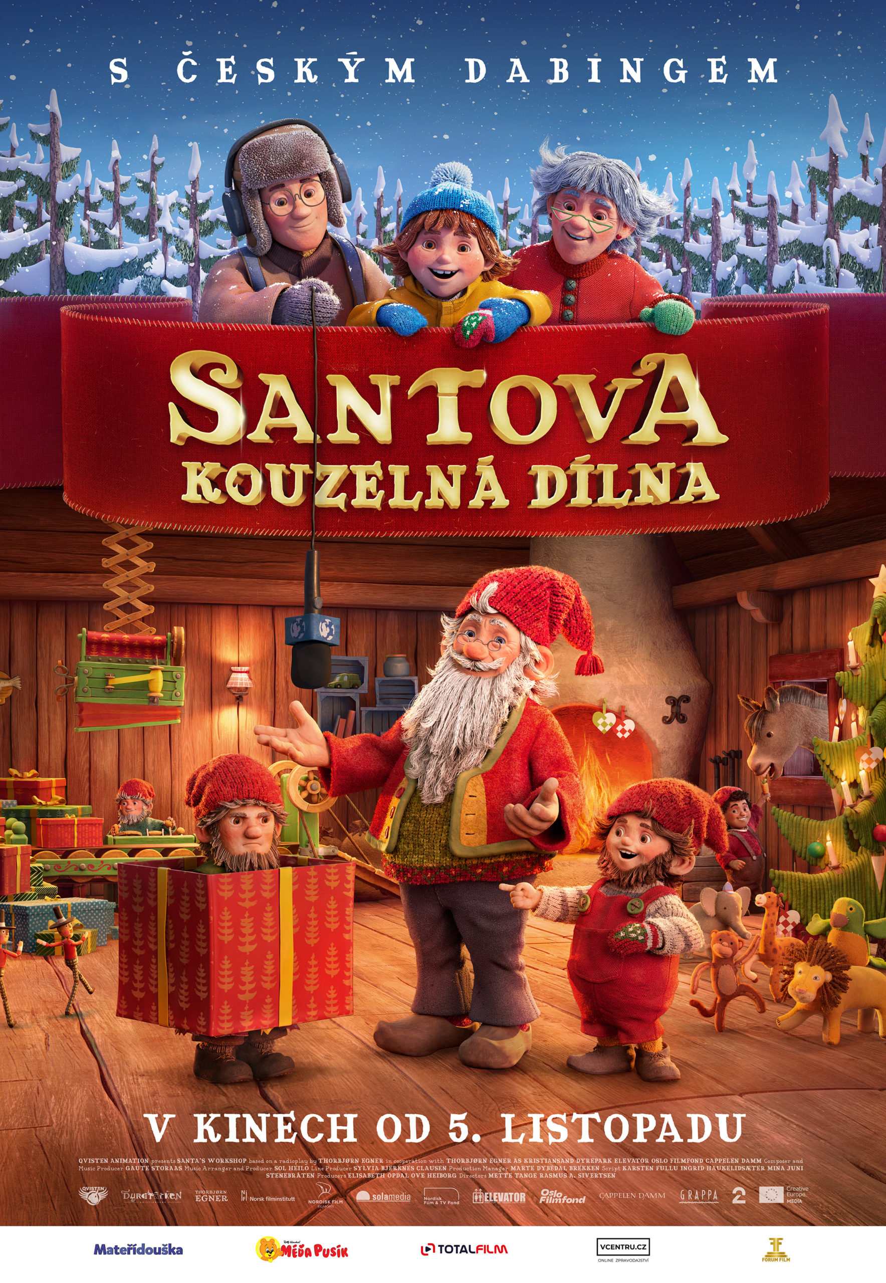 Český plakát animovaného filmu Santova kouzelná dílna s Mari, babičkou a Santou v dílně